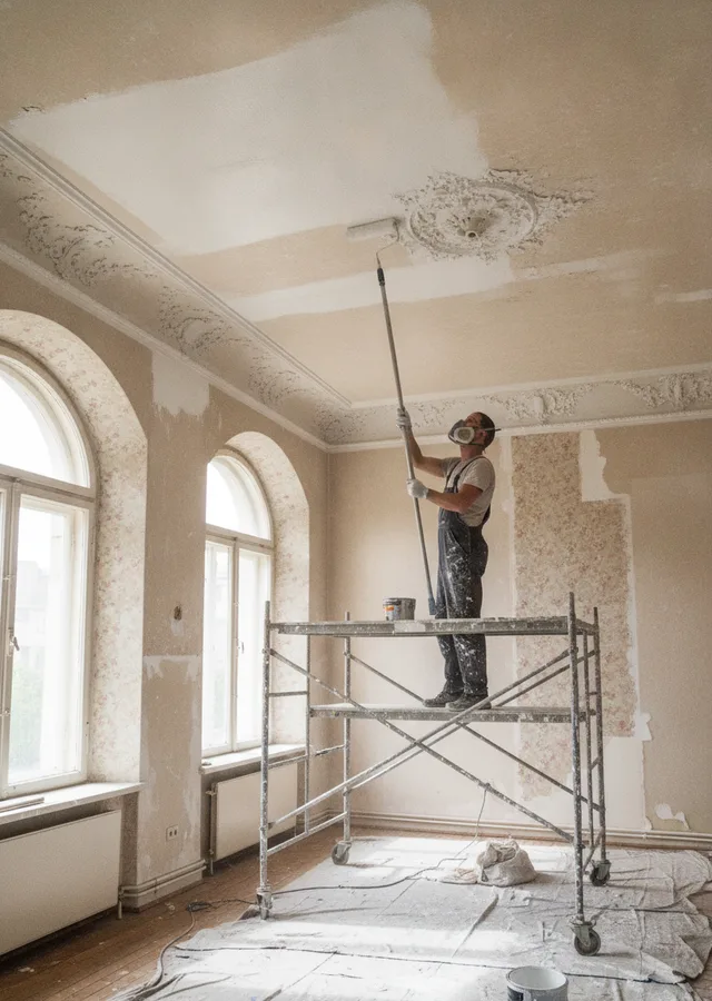 Peintre en bâtiment sur échafaudage dans les Alpes-Maritimes
